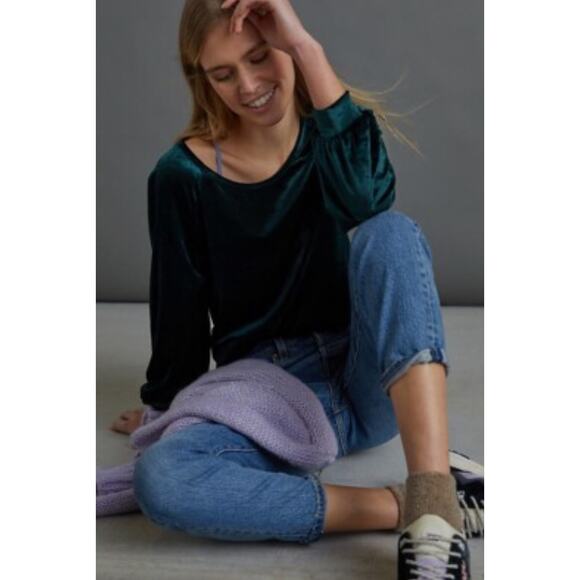 Anthropologie Maeve Candace Velvet Emerald Green Top XS Casual Fall Winter - Picture 2 of 11